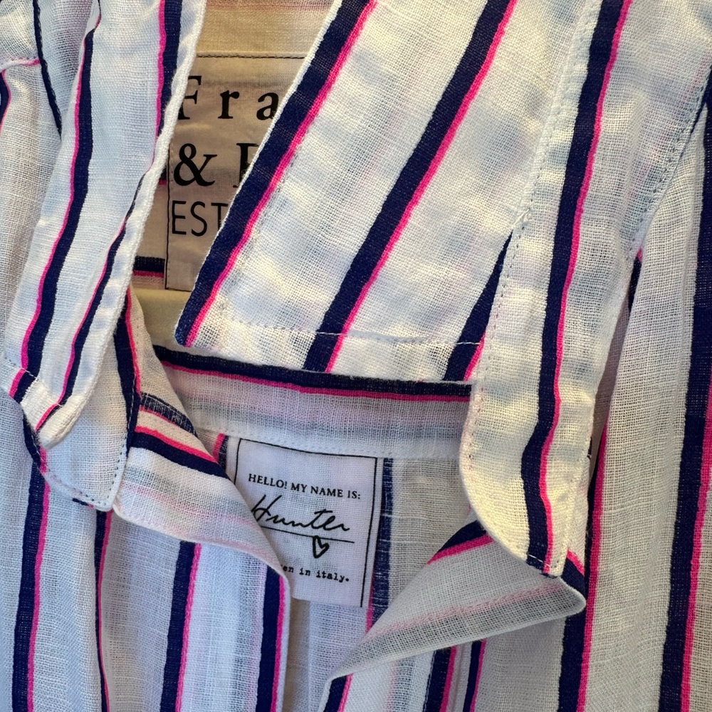 Frank & Eileen NWOT Hunter Linen Dress size Large White HOT PINK Navy Stripe